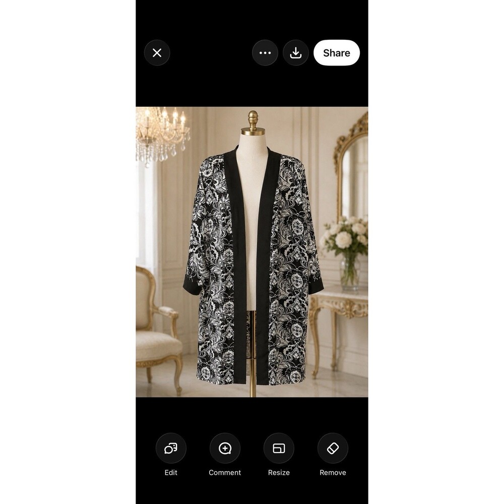 NWOT Slim Factor 1X Black White Floral Kimono Cardigan Open Front